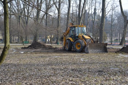 Park. Wśród drzew stoi nieduży ciągnik do prac ziemnych