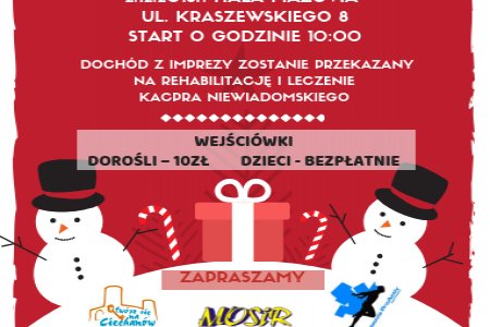 Plakat II Rodzinnych Mikołajek. Od góry informacje tekstowe, niżej dwa bałwanki w cylindrach, pośrodku, między nimi prezent z kokardką, na samym dole logotypy organizatorów, informacja co czeka uczestników oraz adres internetowy mazoviaproactiv.pl