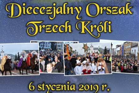 Plakat informujący o zbliżającym się orszaku trzech króli. Pod nazwą wydarzenia w górnej części plakatu rząd zdjęć z poprzednich edycji