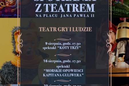 Afisz Spotkań z teatrem. Zawiera szczegóły organizacyjne. W tle zdjęcia z przedstawień teatralnych