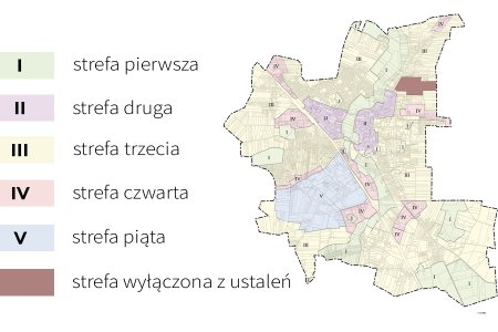 Mapa Ciechanowa z oznaczonymi strefami o różnych regulacjach umieszczania reklam