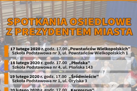 Plakat informujący o spotkaniach osiedlowych. Plakat podaje daty i miejsca wszystkich spotkań. Tło plakatu stanowi zdjęcie z ubiegłorocznego spotkania, wykonane z góry