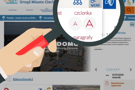 Grafika przedstawiająca fragment strony internetowej Urzędu Miasta, w którym znajduje się panel WCAG. Lupa trzymana przez męską dłoń powiększa fragment rozwiniętego modułu z możliwością powiększania czcionek i rozsuwania paragrafów