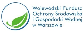 Logo Wojewódzkiego Funduszu Ochrony środowiska i Gospodarki Wodnej w Warszawie. Po lewej znajduje się niebieskie kółko, a w nim leży zielony listek. Po prawej stronie kółka umieszczono nazwę instytucji.