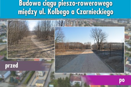 Grafika przedstawiająca ciąg pieszo-rowerowy na Czarnieckiego przed i po zakończeniu budowy