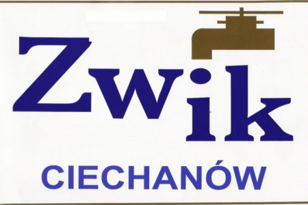 Logo zakładu wodociągów. Kompozycja elememntów: napis ZWiK Ciechanów i rysunek kranu