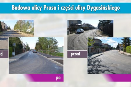 Grafika obrazująca zakres inwestycji. Po lewej zdjęcie ulicy przed budową, po prawej nowa nawierzchnia i chodniki