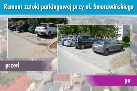 Kompozycja zdjęć prezentujących zatokę parkingową przed i po remoncie. Po lewej zaroka z nierówną nawierzchnią, po prawej wyłożona kostką