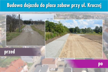 Grafika składająca się z dwóch fotografii i napisu. Na zdjęciach dojazd do placu zabaw przed i po wybudowaniu. Napis brzmi: budowa dojazdu do placu zabaw przy ul. Kruczej