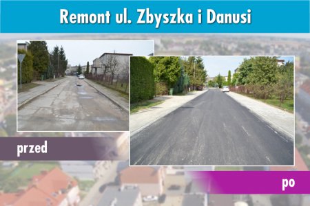 Grafika złożona ze zdjęć ulicy Zbyszka i Danusi. Jedno wykonano przed remontem ulicy a drugie po remoncie. Nad zdjęciami umieszczono napis: Remont ul. Zbyszka i Danusi