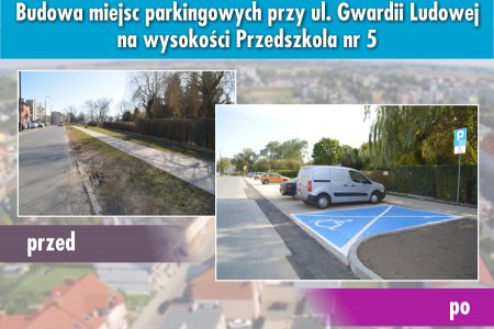 Kompozycja zdjęć dokumentujących powstanie nowego parkingu. Po lewej miejsce przed budową parkingu, po prawej wybudowany parking