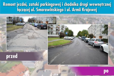 Kompozycja dwóch zdjęć. Na zdjęciu po lewej łącznik przed modernizacją - nierówna, wielokrotnie łatana nawierzchnia. Po prawej fotografia przedstawiająca wyremontowaną, równą nawierzchnię jezdni na łączniku