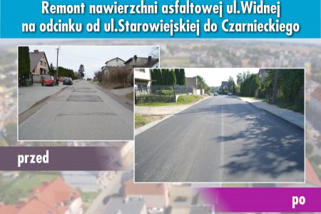 Kompozycja zdjęć prezentująca drogę przed i po remoncie. Po lewej jezdnia nierówna i połatana. Po prawej wyrównana nową nalewką asfaltową