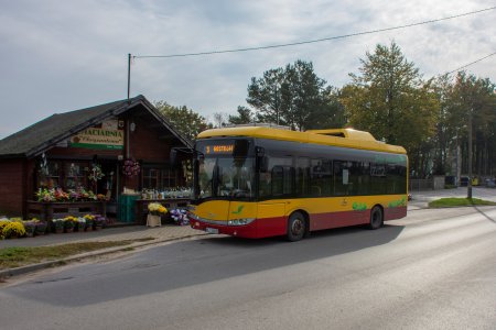 Autobus komunikacji miejskiej stoi w zatoce przystankowej w pobliżu głównego wejścia na cmentarz komunalny. Tuż za przystankiem stoi drewniany budynek, w którym mieści się kwiaciarnia. Przed budynkiem wystawione są stoliki ze zniczami. Na chodniku wzdłuż budynku ustawione są doniczki z chryzantemami w różnych kolorach.