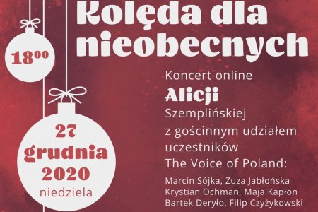 Plakat Informujący o koncercie charytatywnym. Informacje tekstowe ozdobione są trzema białymi bombkami różnej wielkości.