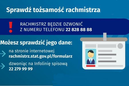 Grafika zawierająca informację o sposobach sprawdzenia tożsamości rachmistrza. Po prawej w dolnym rogu umieszczono schematyczny rysunek identyfikatora rachmistrza.