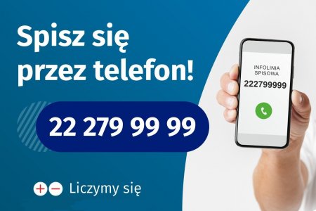 Po lewej stronie grafiki jest napis: Spisz się przez telefon i numer telefonu 22 279 99 99. Po prawej stronie jest dłoń, który trzymająca telefon z wyświetlonym numerem spisowym.