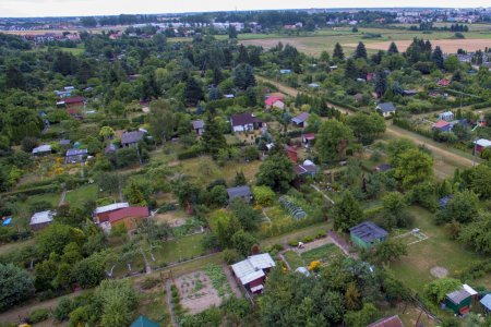 Widok z wysoka na ogródki działkowe. Duży plac podzielony jest na małe działeczki z domkami i mnóstwem zieleni.