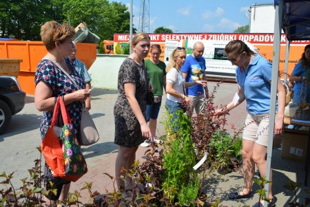 Uczestnicy akcji stoją z kuponami w rękach przy stoisku z roślinami, wydawanymi za przywieziony sprzęt.