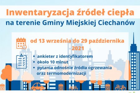 Grafika. W tle miasto z różnej wysokości budynkami, drzewami i ulicą na pierwszym planie. Na ulicy samochód i dwa rowery. Na półprzeźroczystym tle na całej powierzchni grafiki są informacje o inwentaryzacji.l