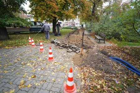 Z chodnika biegnącego przez środek skweru zdjęta została kostka. Po prawej stronie zdjęcia biegnie wąski, niezbyt głęboki dołek, w którym leżą niebieskie karbowane rurki. Dołek przechodzi na lewą stronę chodnika, z którego zdjęto kostkę i biegnie dalej wzdłuż niego. Jest tu dwóch pracowników. W głębi stoi nieduża wywrotka. Miejsce układania kabli pod oświetlenie jest zagrodzone biało-czerwonymi słupkami.