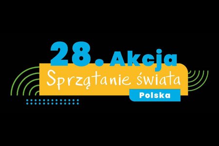 Grafika akcji Sprzątanie świata. Czarne tło, a na środku poziomo umieszczono żółty prostokąt z zaokrąglonym prawym górnym rogiem. Nad prostokątem i na nim jest napis: 28. Akcja Sprzątanie świata Polska.