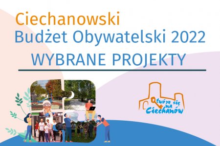 Grafika informująca o wybraniu projektów w Budżecie Obywatelskim. U góry napis: Ciechanowski Budżet Obywatelski 2022 Wybrane projekty. Niżej puzzle z czterema elementami. W lewym górnym jest zdjęcie kolorowego placu zabaw. W prawym górnym ścieżka dla pieszych i rowerzystów wiodąca przez las. W lewej dolnej części stoi mężczyzna i trzech chłopców. Wszyscy w białych t-shirtach z jednakową grafiką na przodzie. Nad tą fotografią jest druga, mniejsza z fragmentem plakatu informującego o zajęciach Bezpiecznej Rodziny i napisem: Budżet Obywatelski. W prawym dolnym puzzelku są rodziny z małymi dziećmi, stojące na trawie. Dodatkowe elementy graficzne to narysowane postaci: kobieta po lewej oraz mężczyźni z przodu, po prawej i siedzący z laptopem na krawędzi prawego dolnego puzzla.