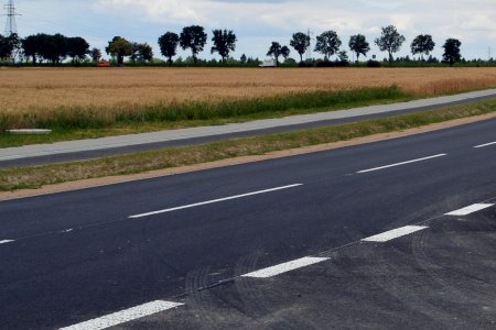 Na pierwszym planie jest jezdnia z białymi liniami, dalej w głąb zdjęcia znajduje się ścieżka rowerowa oddzielona od jezdni pasem trawnika. Dalej w głębi na polu rośnie zboże. Na linii horyzontu widać rząd dużych drzew.