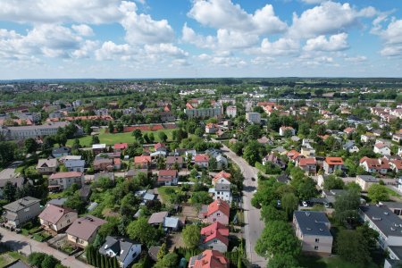 Panorama Ciechanowa. Większość zabudowań mieszczących się w kadrze to domy jednorodzinne.. Między budynkami rośnie bardzo dużo zieleni.