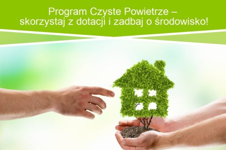 Grafika przedstawiająca dom, jako zielone drzewo. Nad rysunkiem znajduje się napis: Program Czyste Powietrze - skorzystaj z dotacji i zadbaj o środowisko!