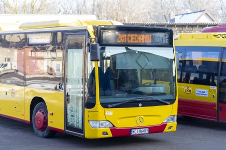 Dwa żołto-czerwone autobusy Zakładu Komunikacji Miejskiej.